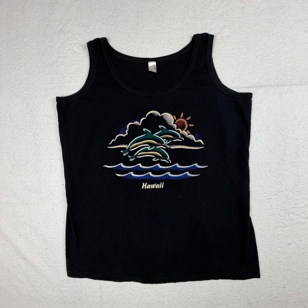 Anvil Hawaii Dolphin Graphic Tank Top Black Cotton Scoop Neck Medium